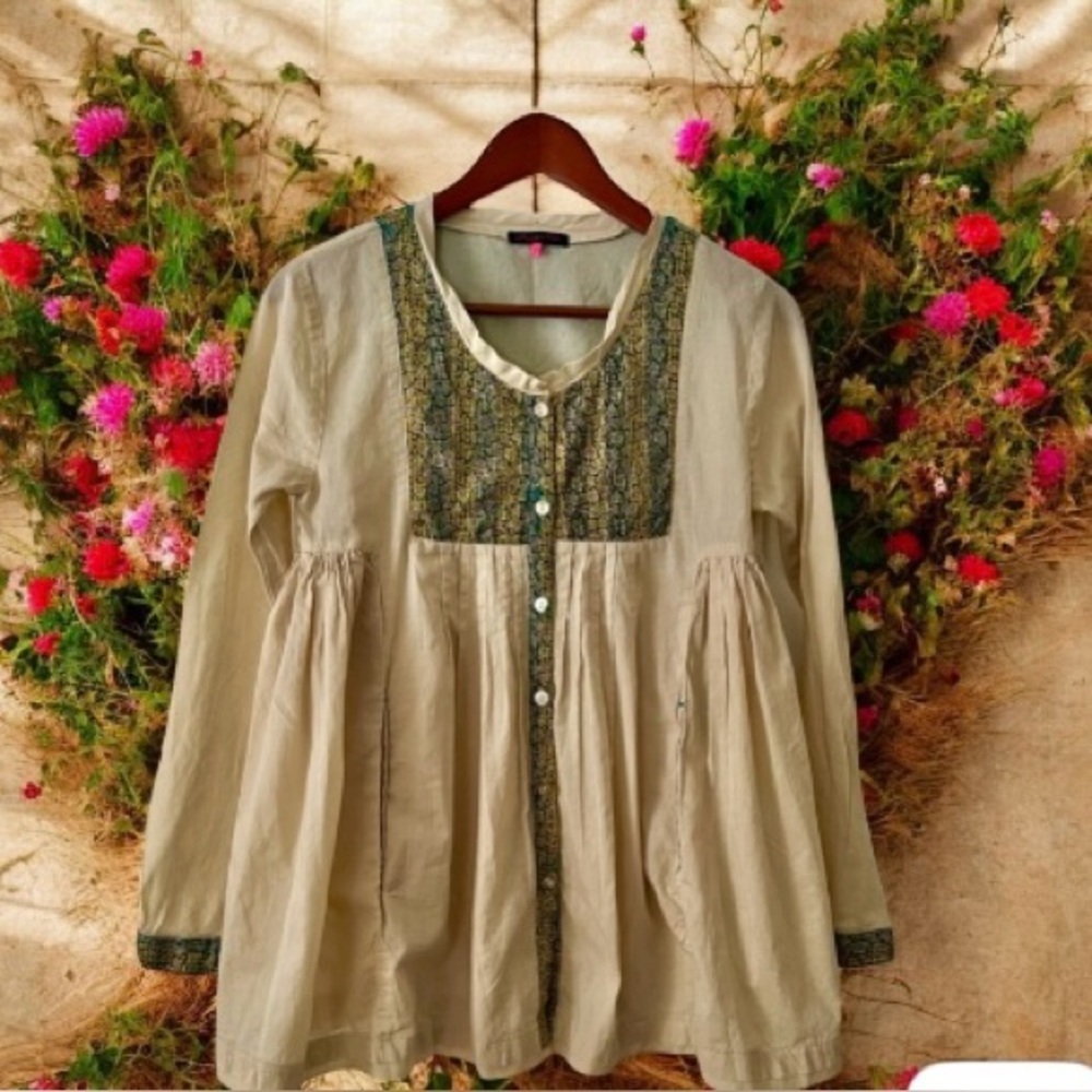 VTG Folk Art-Boho-Festival-Embroidered Yoke Pleated Tunic Blouse-SzM EUC-Soft!🫶🌻